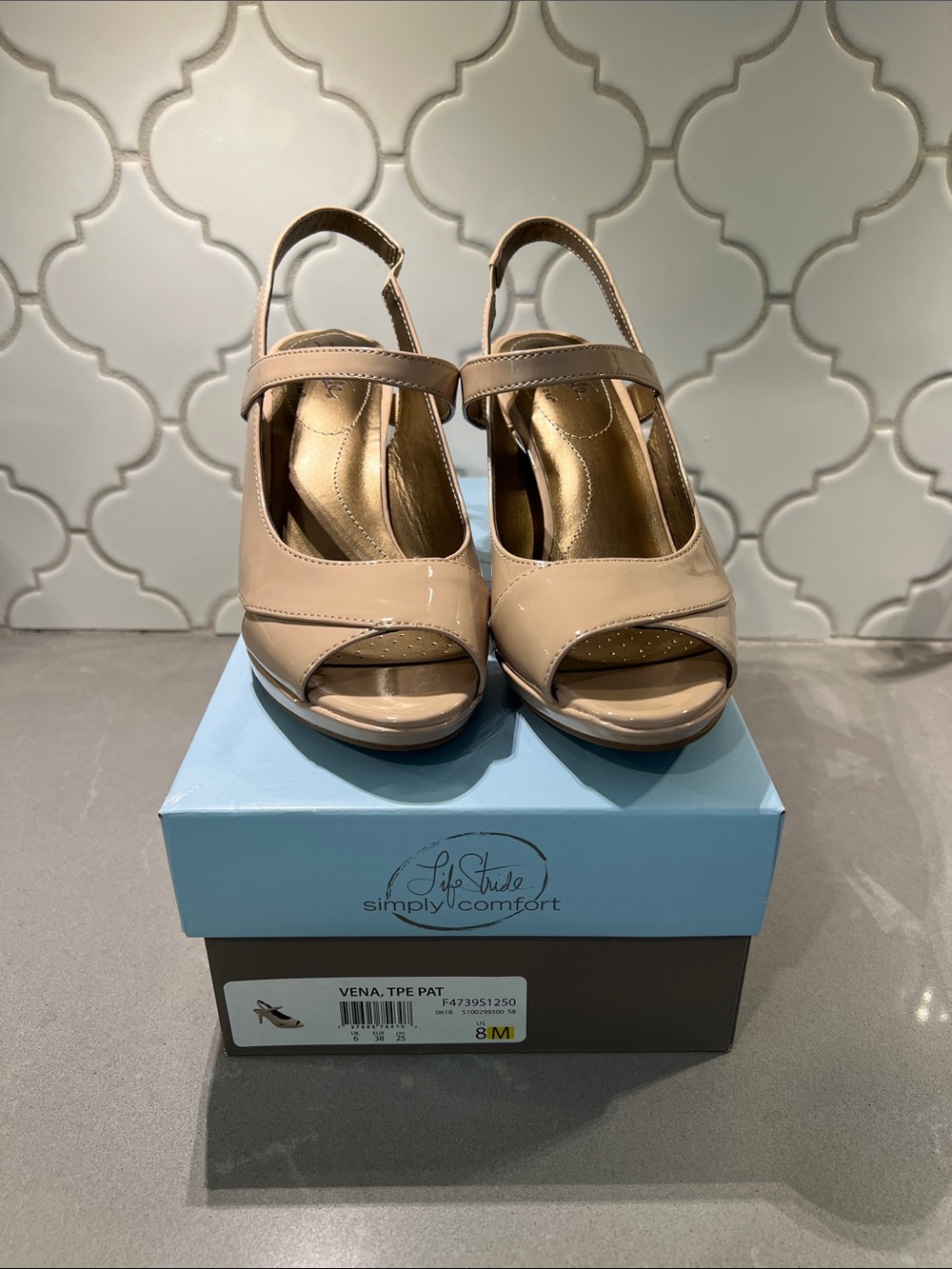 Life Stride nude patent peep-toe slingback heels
